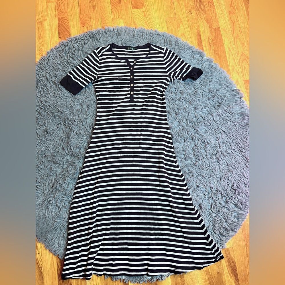Lauren Ralph Lauren Waffle Knit Cotton Striped Midi Dress Size M - Picture 2 of 6